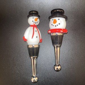 Art Glass Wine Stoppers Winter Snowman Set Of 2